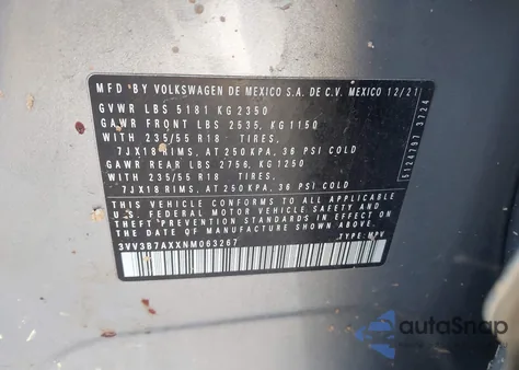 2022 Volkswagen Tiguan 2.0T Se z USA, uszkodzony, nr VIN 3VV3B7AXXNM063267